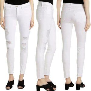 Frame Le Skinny De Jeanne Low-Rise Distressed Jeans in Ripped Blanc White Sz 24